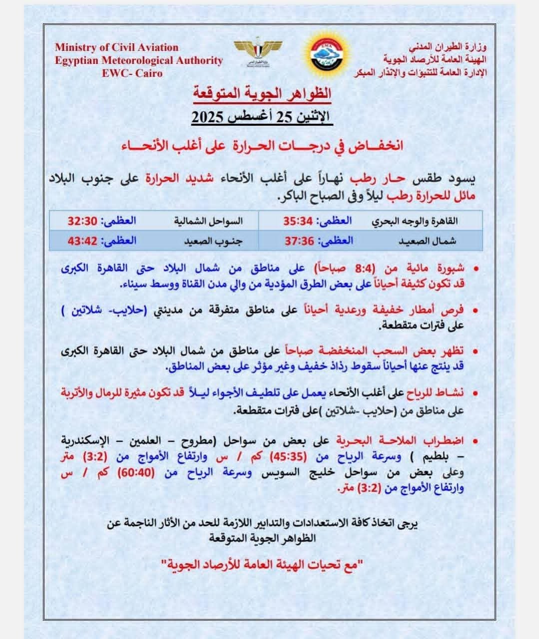 طقس الاثنين 25/8/2025الطقس
